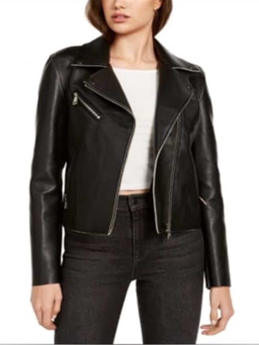 Vigoss Black Leather Moto Jacket with Silver Zippers in size medium